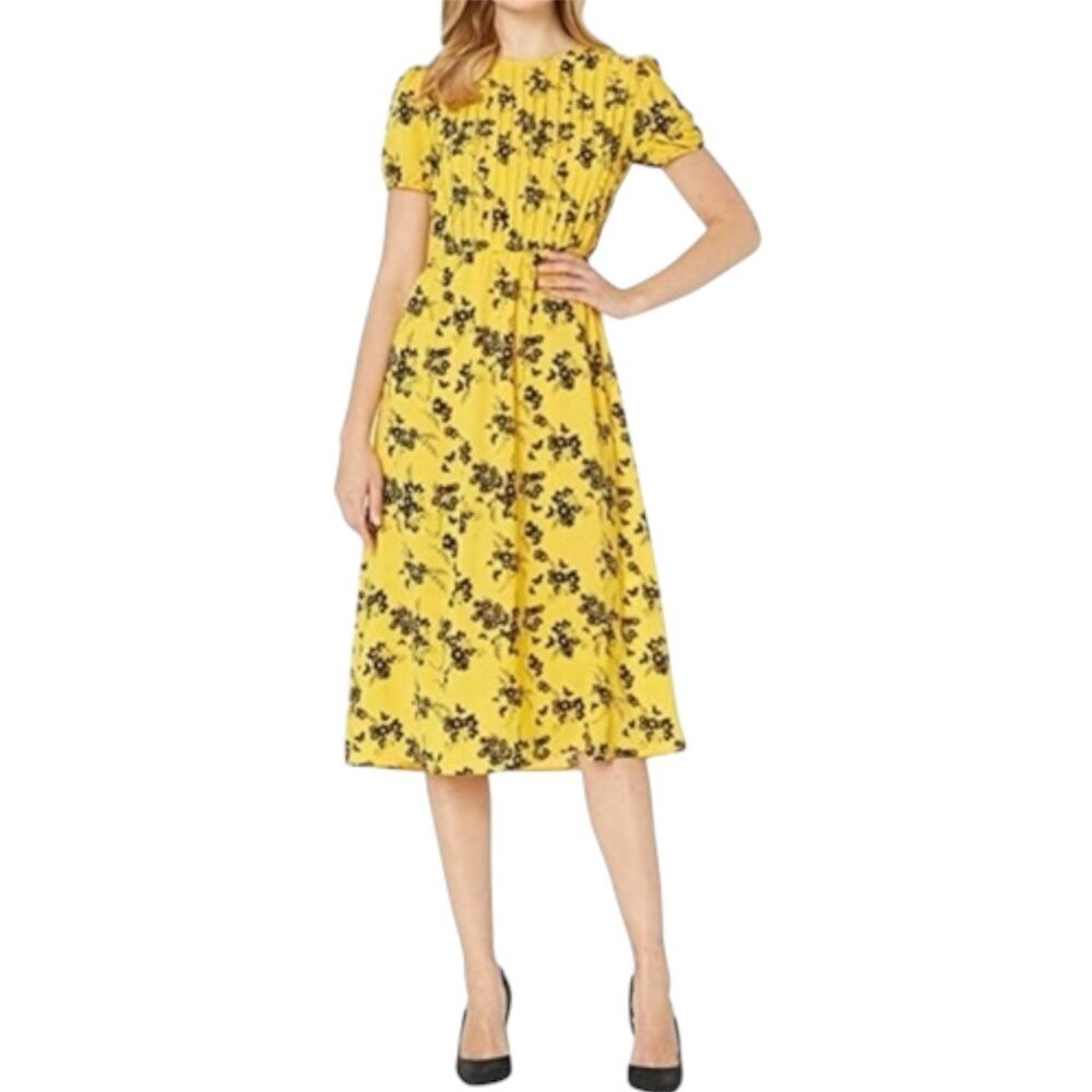 Botanical Crepe Midi Dress XS Michael Kors Yellow Floral Puff Sleeve Pleated